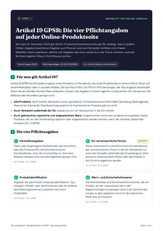 Vorschau der ersten Seite des Merkblatts zu Artikel 19 GPSR